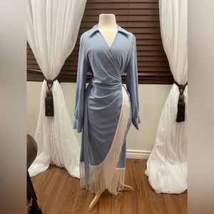 Sky blue fringe wrap dress.